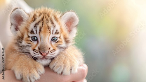 Young Tiger Cub Being Cradled in Gentle Hands with Bright Blue Eyes and Soft Background