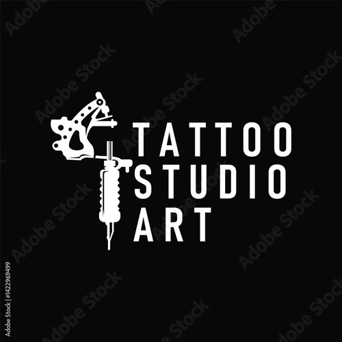 black silhouette illustration logo tattoo machine with vintage old retro minimalist concept template symbol tattoo studio design