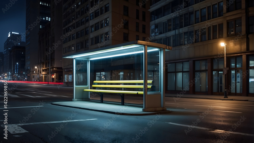 Fototapeta premium Modern Urban Night Scene with Bus Stop and Yellow Bench