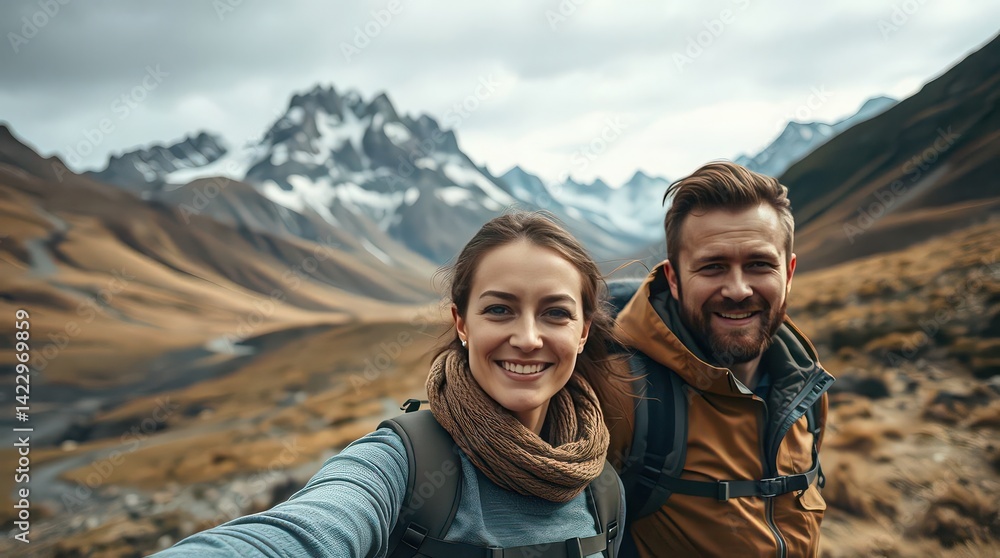 A smiling couple taking a selfie in a mountainous landscape with backpacks and winter clothing on A smiling couple taking a selfie in a mountainous landscape with backpacks and winter clothing on