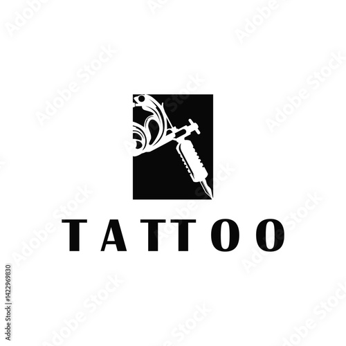 black silhouette illustration logo tattoo machine with vintage old retro minimalist concept template symbol tattoo studio design