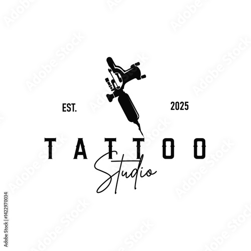 black silhouette illustration logo tattoo machine with vintage old retro minimalist concept template symbol tattoo studio design