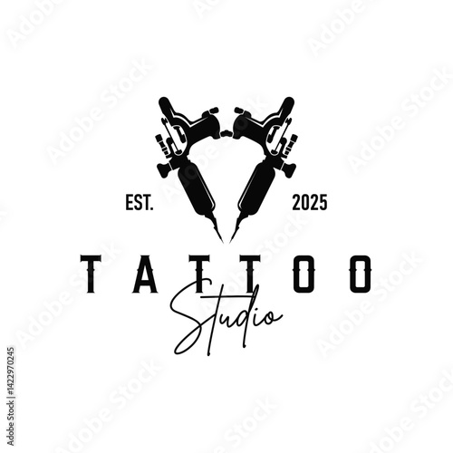 black silhouette illustration logo tattoo machine with vintage old retro minimalist concept template symbol tattoo studio design