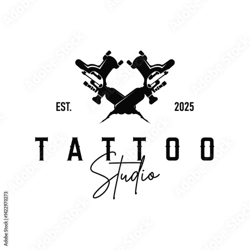 black silhouette illustration logo tattoo machine with vintage old retro minimalist concept template symbol tattoo studio design