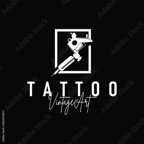 black silhouette illustration logo tattoo machine with vintage old retro minimalist concept template symbol tattoo studio design