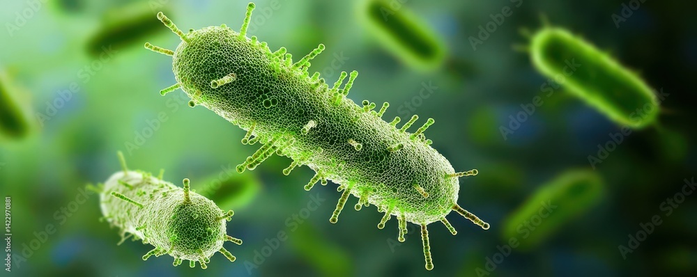 Naklejka premium Detailed 3D Rendered Visualization of Bacteria Forming Impenetrable Structures in a Vibrant Green Background for Scientific Illustration