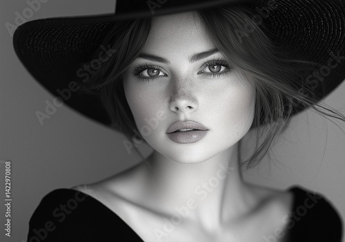A beautiful woman with red lipstick wearing a white hat, black and white photography, high contrast, photorealistic, studio lighting