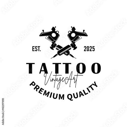 black silhouette illustration logo tattoo machine with vintage old retro minimalist concept template symbol tattoo studio design