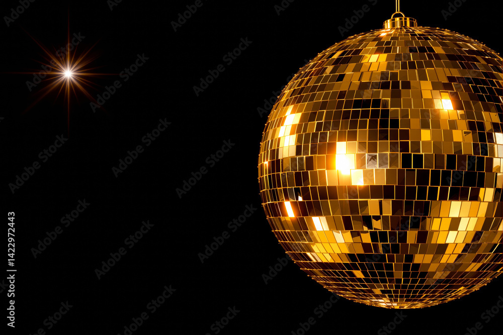 Obraz premium Golden disco ball with mirrored surface tiles reflecting light sparkles, digital style, on dark background. Concept of nightlife party celebration. Ai generative