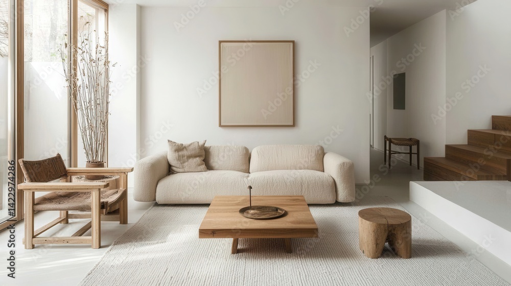 Fototapeta premium modern Scandinavian living room, white walls, cozy beige sofa, wooden furniture, natural light, minimalist decor