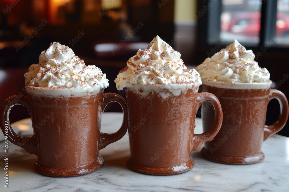 Three mugs filled with hot chocolate and whipped cream are on the table. Ideal for menus, winter holiday promotions, and warm beverage advertisements. Three mugs filled with hot chocolate and whipped cream are on the table. Ideal for menus, winter holiday promotions, and warm beverage advertisements.