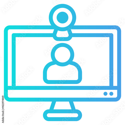 Computer monitor displays person with microphone. Ideal for virtual meetings, online presentations, video conferences, remote work, communication concepts.