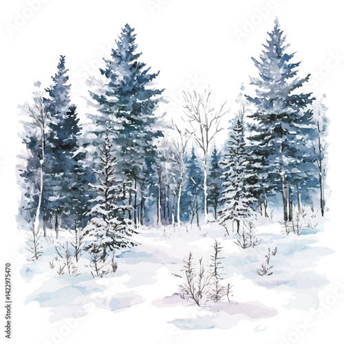 Winter Forest Covered In Frost, vector watercolor illustration, isolated on a white background.