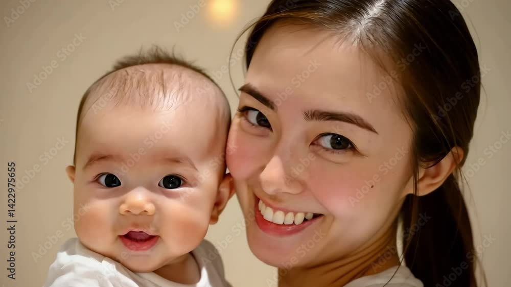 Smiling young Asian woman happily holds her adorable baby, showcasing a heartwarming connection and joy in their expressions Smiling young Asian woman happily holds her adorable baby, showcasing a heartwarming connection and joy in their expressions
