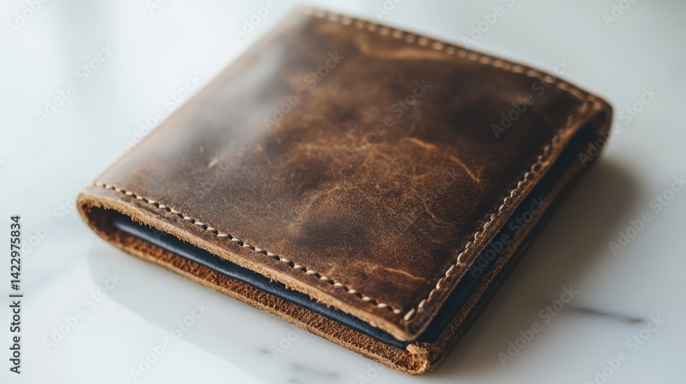 A top-down view of a leather wallet placed on a white marble surface, illuminated by soft diffused lighting to highlight the texture and richness of the material A top-down view of a leather wallet placed on a white marble surface, illuminated by soft diffused lighting to highlight the texture and richness of the material