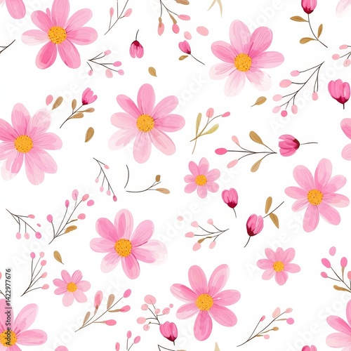 Seamless Floral Pattern Featuring Mini Pink Daisies with Buds on a White Background