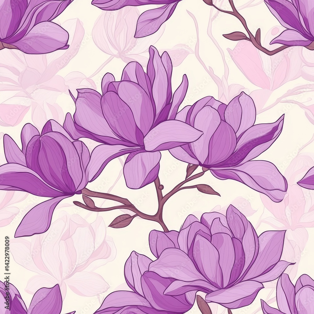 Seamless Pattern Featuring Magnolias in Shades of Purple on a Soft Background Seamless Pattern Featuring Magnolias in Shades of Purple on a Soft Background