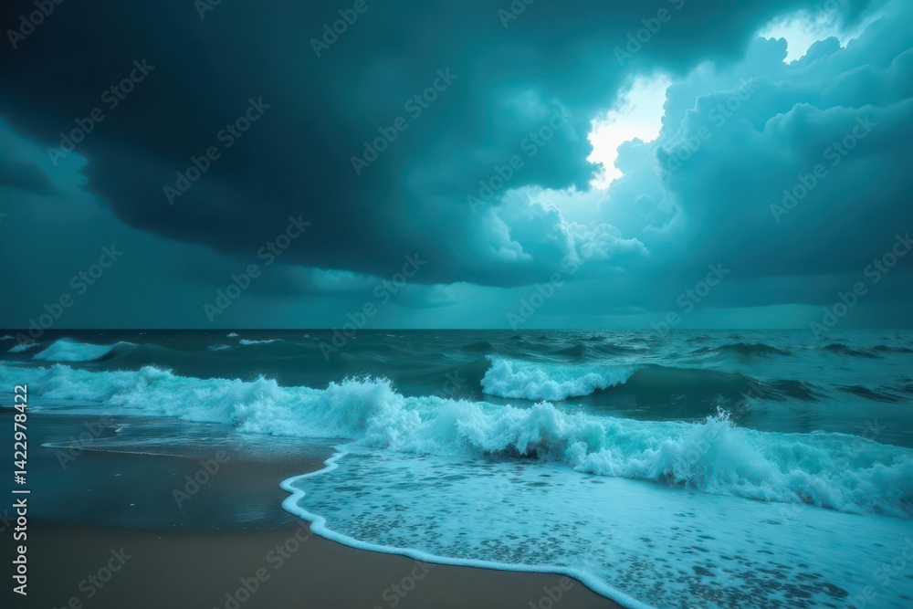 Fototapeta premium Heavy rain, windswept sea with whitecaps under ominous sky , windswept, weather, tempest