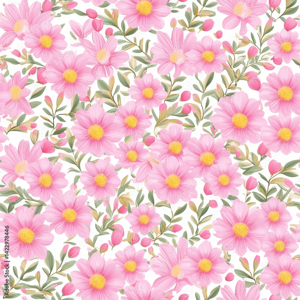 Seamless Pattern Featuring Mini Pink Daisies and Green Leaves on a White Background Seamless Pattern Featuring Mini Pink Daisies and Green Leaves on a White Background