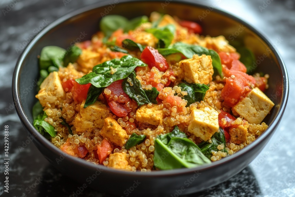 Quinoa salad with tofu, tomatoes, spinach in a dark bowl on a stone table. Use this image for healthy eating and lifestyle blogs, recipes, or menus. Quinoa salad with tofu, tomatoes, spinach in a dark bowl on a stone table. Use this image for healthy eating and lifestyle blogs, recipes, or menus.
