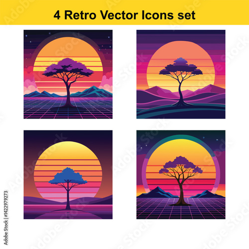 Four retro-futuristic vector icons of idyllic landscapes.