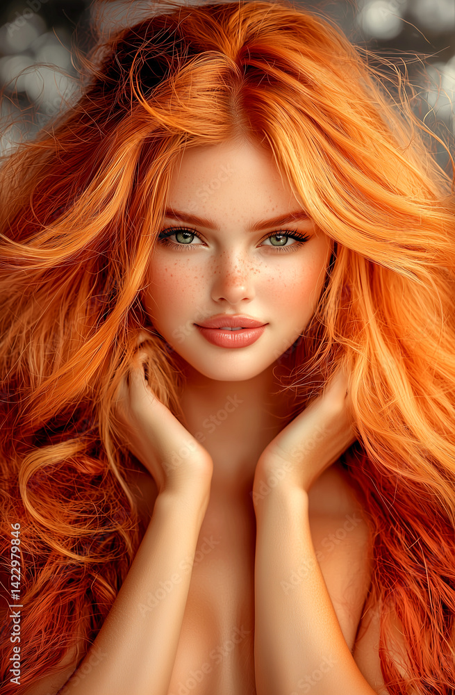 Obraz premium A beautiful woman with long red hair and blue eyes, bathed in warm golden sunlight, her skin glowing under the sun's rays.