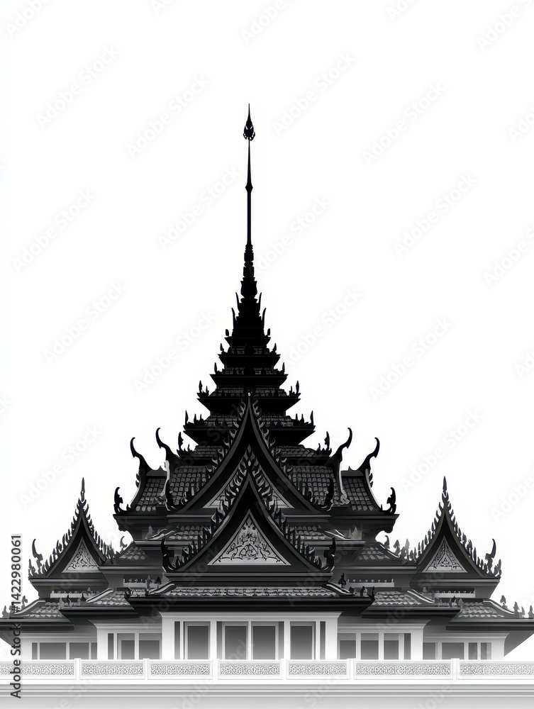 Naklejka premium Ornate Asian Temple Roof Close up in Black and White