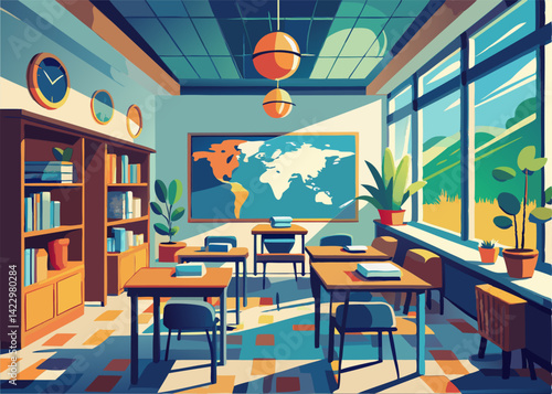 Bright and Colorful Classroom Interior with Desk