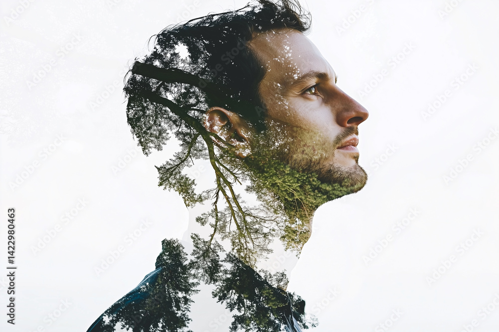 Double Exposure Portrait of Man with Tree Silhouette