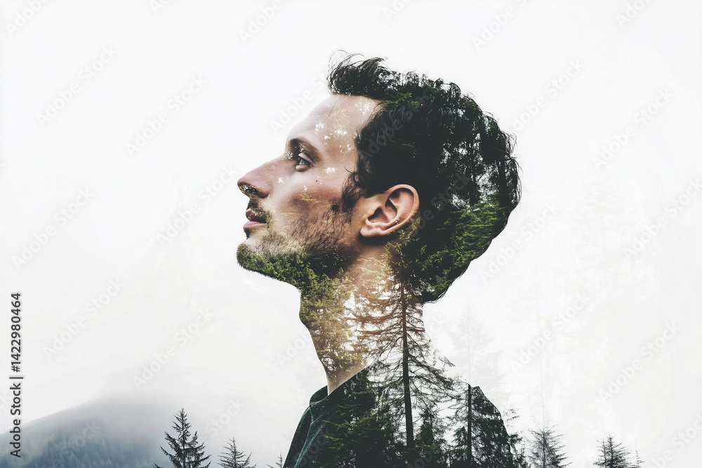 Double Exposure Portrait of Man with Tree Silhouette