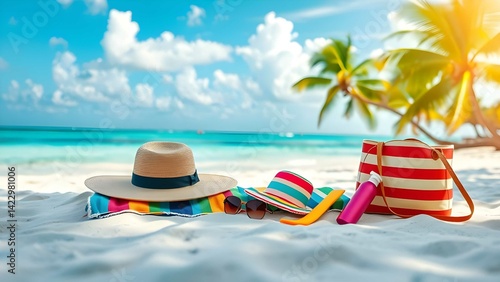 Wallpaper Mural Perfect tropical vacation on a white sandy beach with colorful gear and stunning ocean view under sunny skies Torontodigital.ca