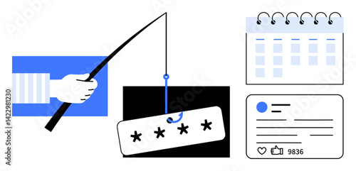 Hand holding fishing rod hooks password on screen. Nearby, calendar and social media post emphasize cybersecurity. Ideal for phishing awareness, data protection, online risks, identity safety