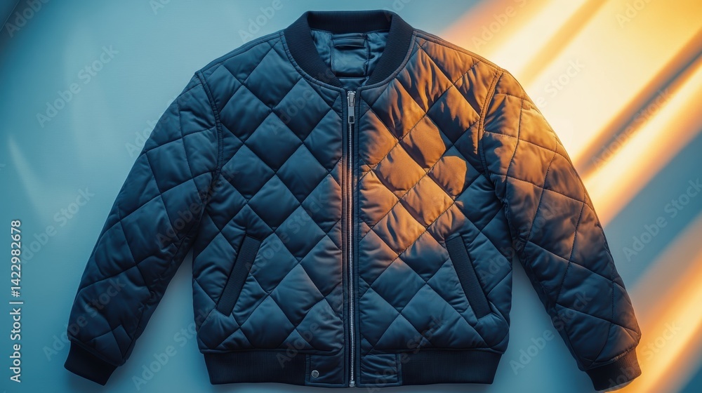 A top-down view of a trendy bomber jacket with a quilted texture, placed neatly on a white surface, softly lit to highlight its modern design and smooth fabric A top-down view of a trendy bomber jacket with a quilted texture, placed neatly on a white surface, softly lit to highlight its modern design and smooth fabric