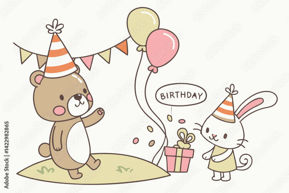 Naklejka premium Cute Birthday Animals with Balloons, Gift, and Banner Vector