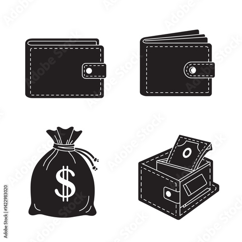 Vector leather wallet money bag silhouette 4 set design perfect for financial services payment system secure cash storage banking icon set and money management design uses
