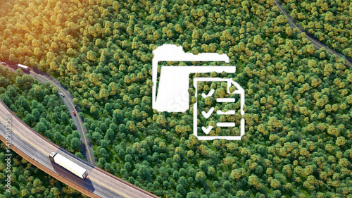 Fototapeta Naklejka Na Ścianę i Meble -  Sustainable Transport Document Icon on Forest Road..