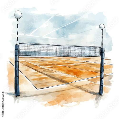 watercolor of Volleyball Court Set Up For A Tournament, vector, isolated on a white background.