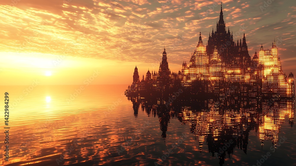 Obraz premium Floating metropolis during golden hour casting reflections on the water surface