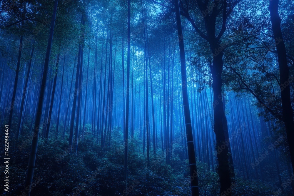 Naklejka premium A blue-toned bamboo forest with a mystical, ethereal, and moody atmosphere. Use for fantasy, nature, or background with tranquil and mysterious concepts.
