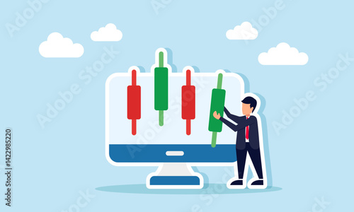 Businessman carrying a candlestick to complete the candlesticks displayed on the monitor, illustration of big players influencing the stock market