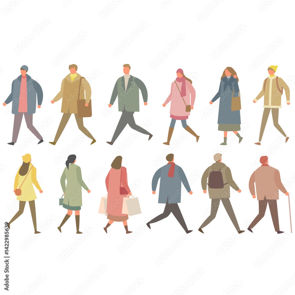 冬服の歩く人々のイラストセット 冬服の歩く人々のイラストセット