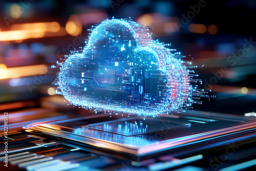 A futuristic processor chip emerging dynamically from vibrant digital clouds, representing the cutting-edge integration of cloud computing and advanced technology systems.