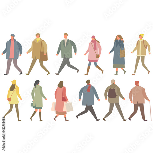 冬服の歩く人々のイラストセット