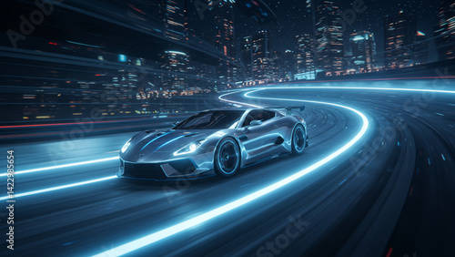 A high-tech sports car accelerates on a vibrant motor racing track produced by artificial intelligence