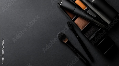 Dark makeup collection.  High-quality makeup products arranged on a dark background, showcasing various shades and tools