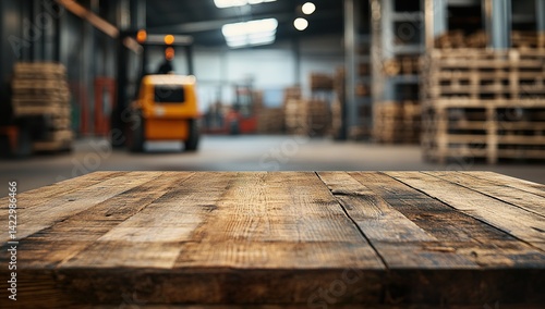 Wallpaper Mural Wooden Tabletop with Blurred Forklift and Wooden Pallets in Warehouse Background, High-Resolution Photography, Insanely Detailed, Fine Details, Stock Photo, Professional Color Grading, Soft Shadows, Torontodigital.ca
