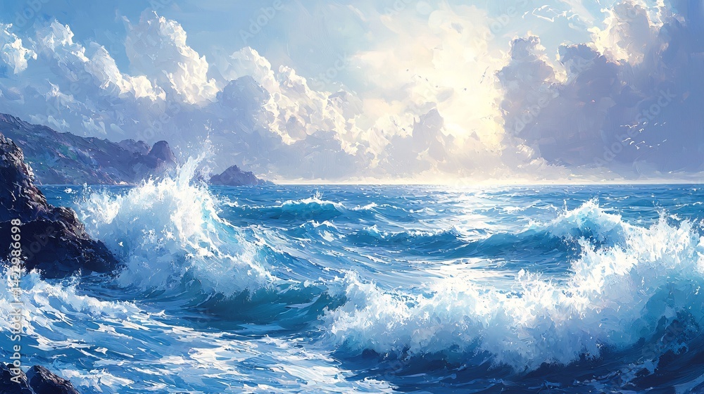 Fototapeta premium The surging waves hit the rocks