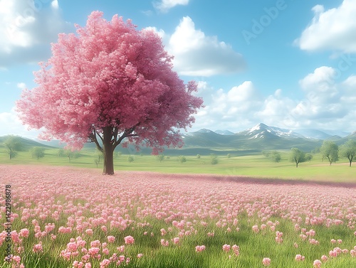 Wallpaper Mural Pink Blossoms Meadow, Sunny Day, Mountains Torontodigital.ca