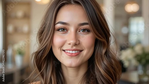 Wallpaper Mural Captivating young woman with long wavy hair smiles warmly in a bright setting, radiating positivity and joy Torontodigital.ca