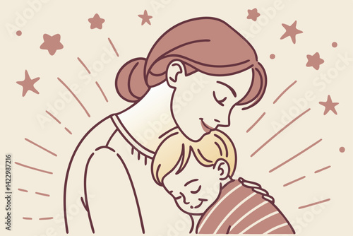 Mother and Child Cuddling with Stars Illustration Vector